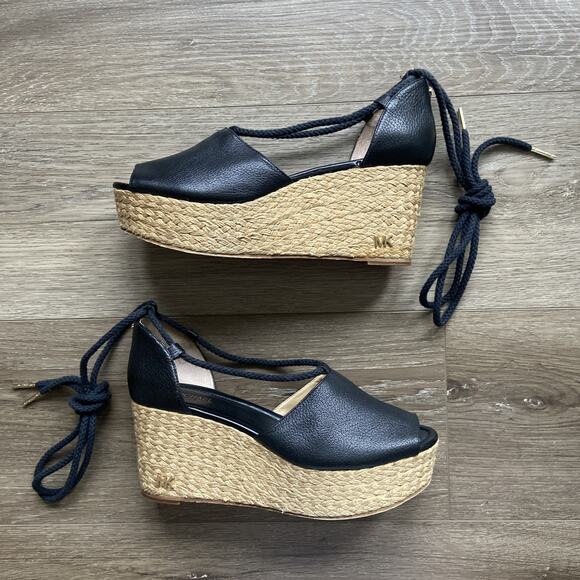 Michael Kors Espadrilles Platform Sandals Sz 8 Black Leather Tie-up - Picture 4 of 15